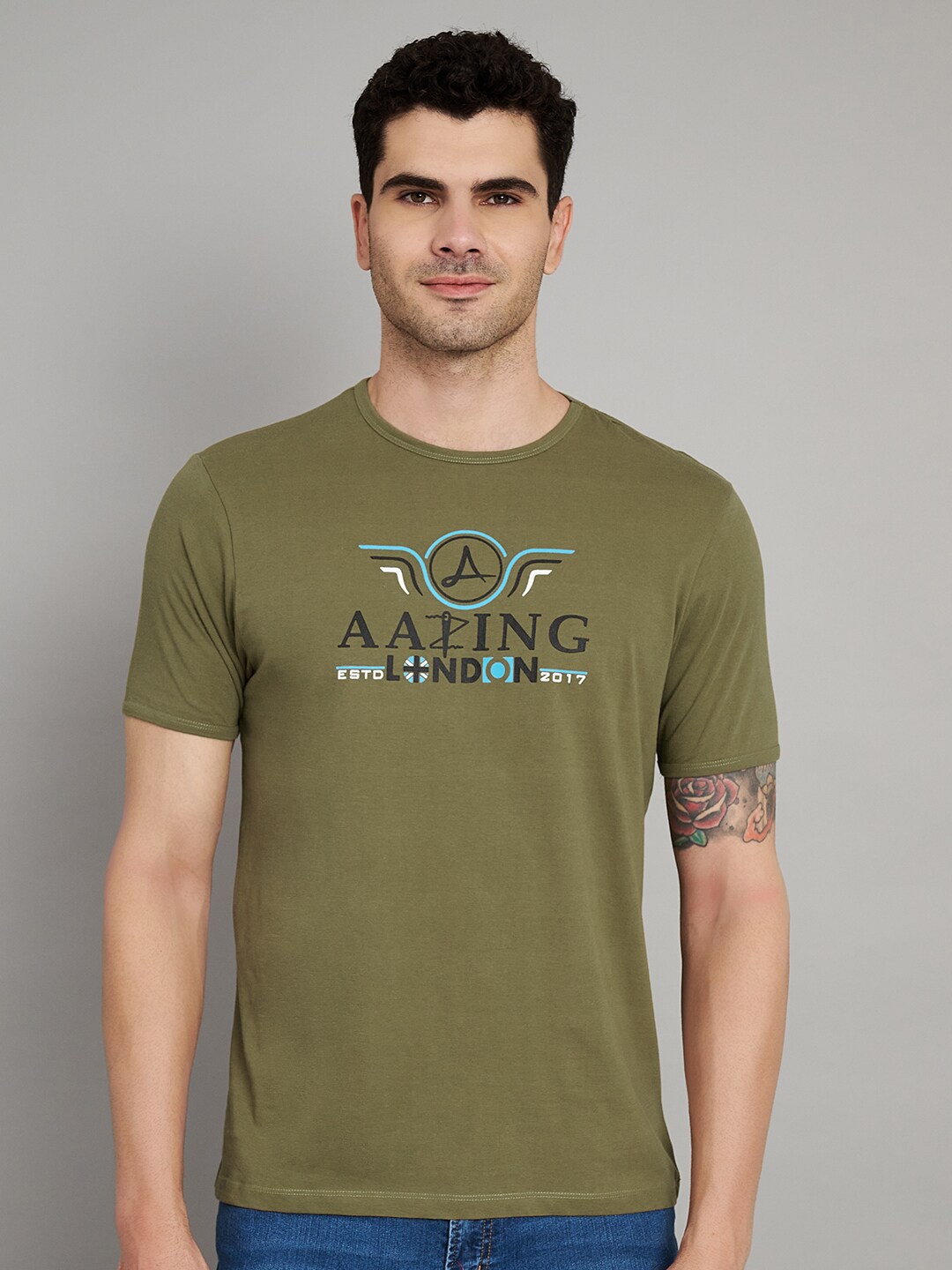

Aazing London Men Round Neck Typography T-shirt, Khaki