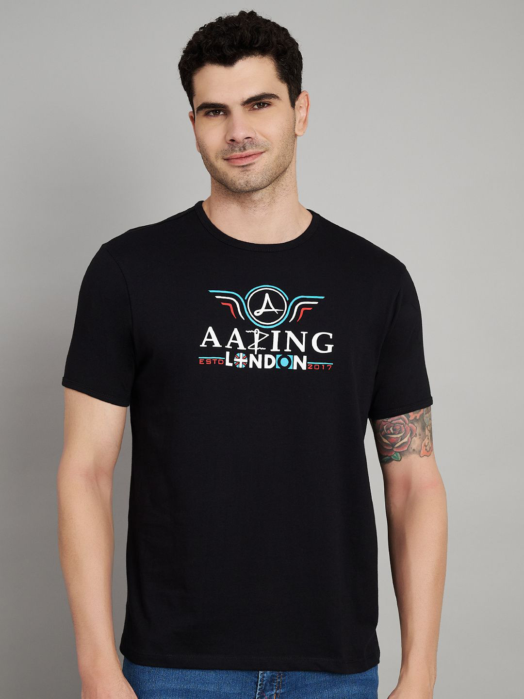 

Aazing London Men Round Neck Typography T-shirt, Black