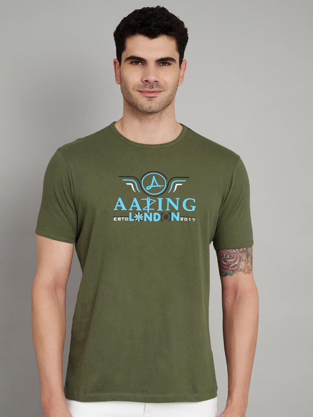 

Aazing London Men Round Neck Typography T-shirt, Olive