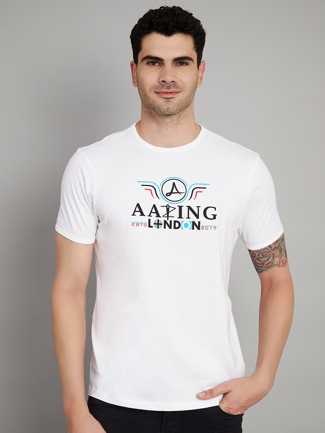 

Aazing London Men Round Neck Typography T-shirt, White