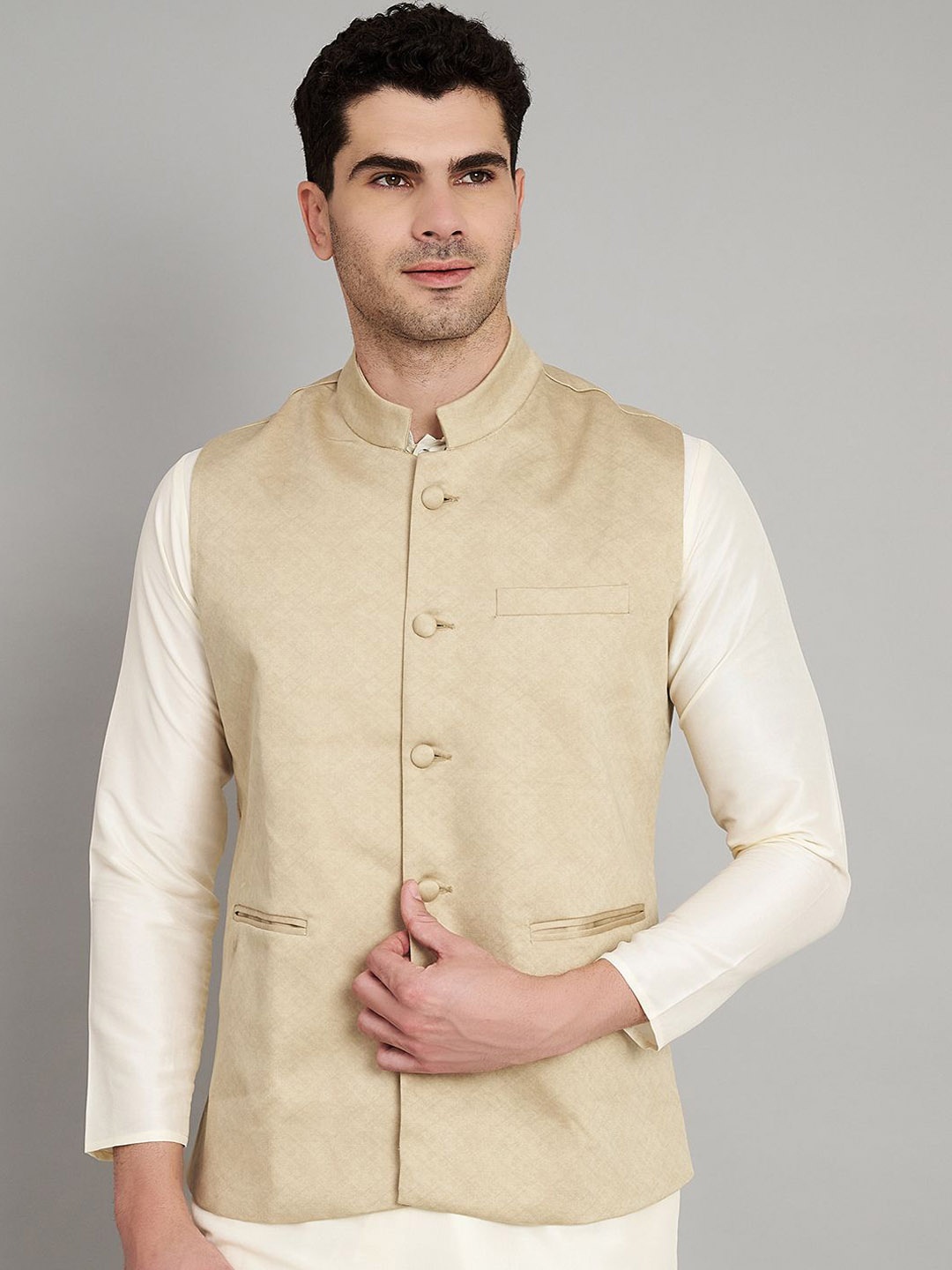 

Aazing London Mandarin Collar Woven Cotton Nehru Jacket, Khaki