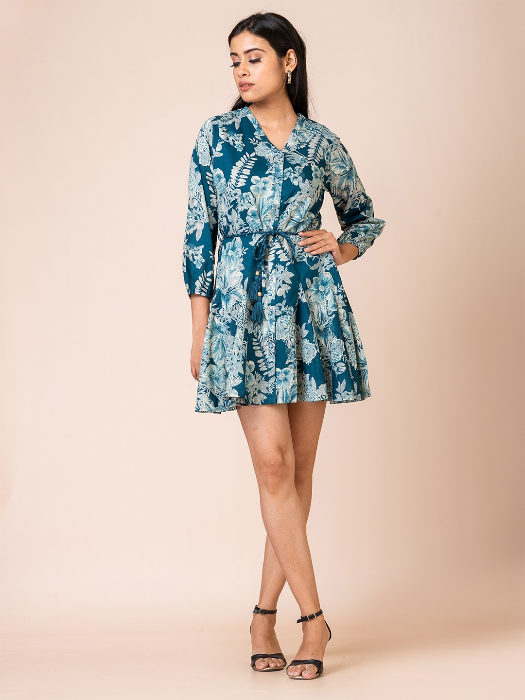 

SARSO Women Floral Printed V-Neck Pure Cotton Fit & Flare Mini Dress, Blue