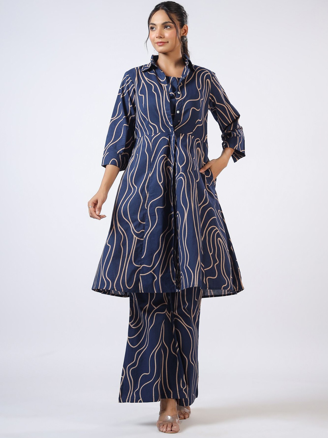 

JISORA Navy Blue Abstract Printed Shoulder Straps Pure Cotton Top With Palazzo & Shrug