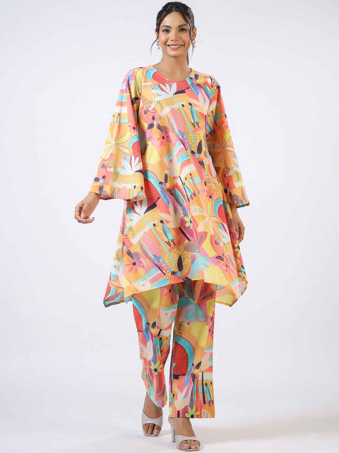 

JISORA Mustard Yellow & Pink Floral Printed Flared Sleeve Pure Cotton Tunic & Trousers