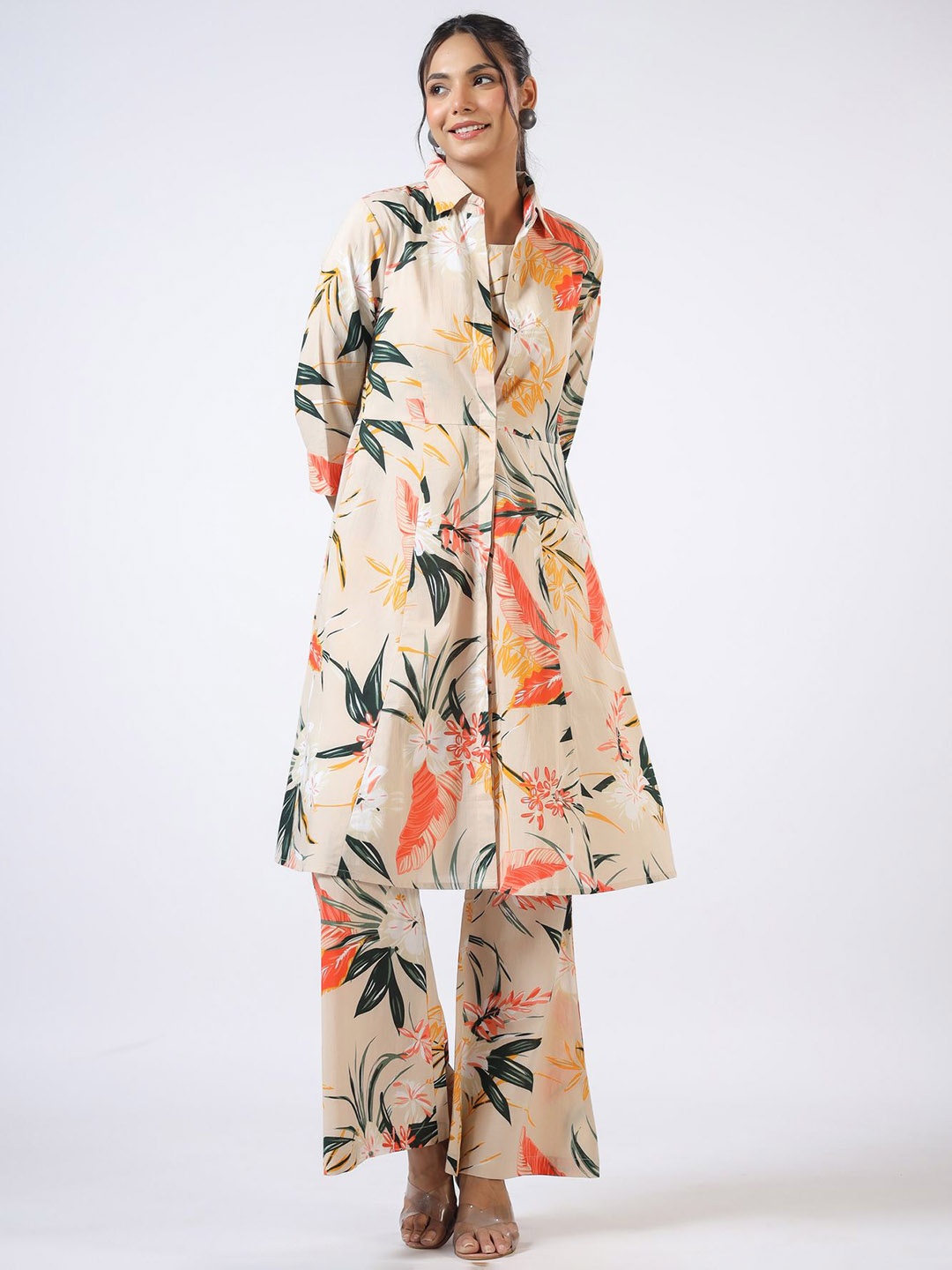 

JISORA Beige Floral Printed Shirt Collar Pure Cotton Top With Shrug & Trousers