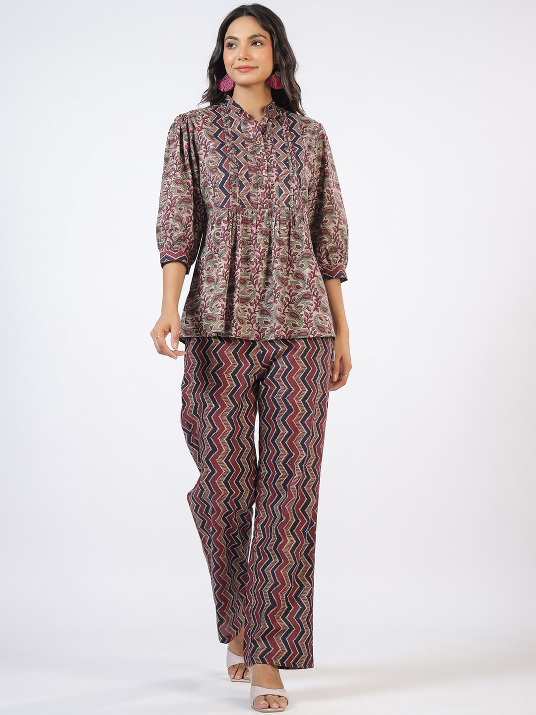 

JISORA Purple Floral Printed Mandarin Collar Puff Sleeve Pure Cotton Top With Trousers