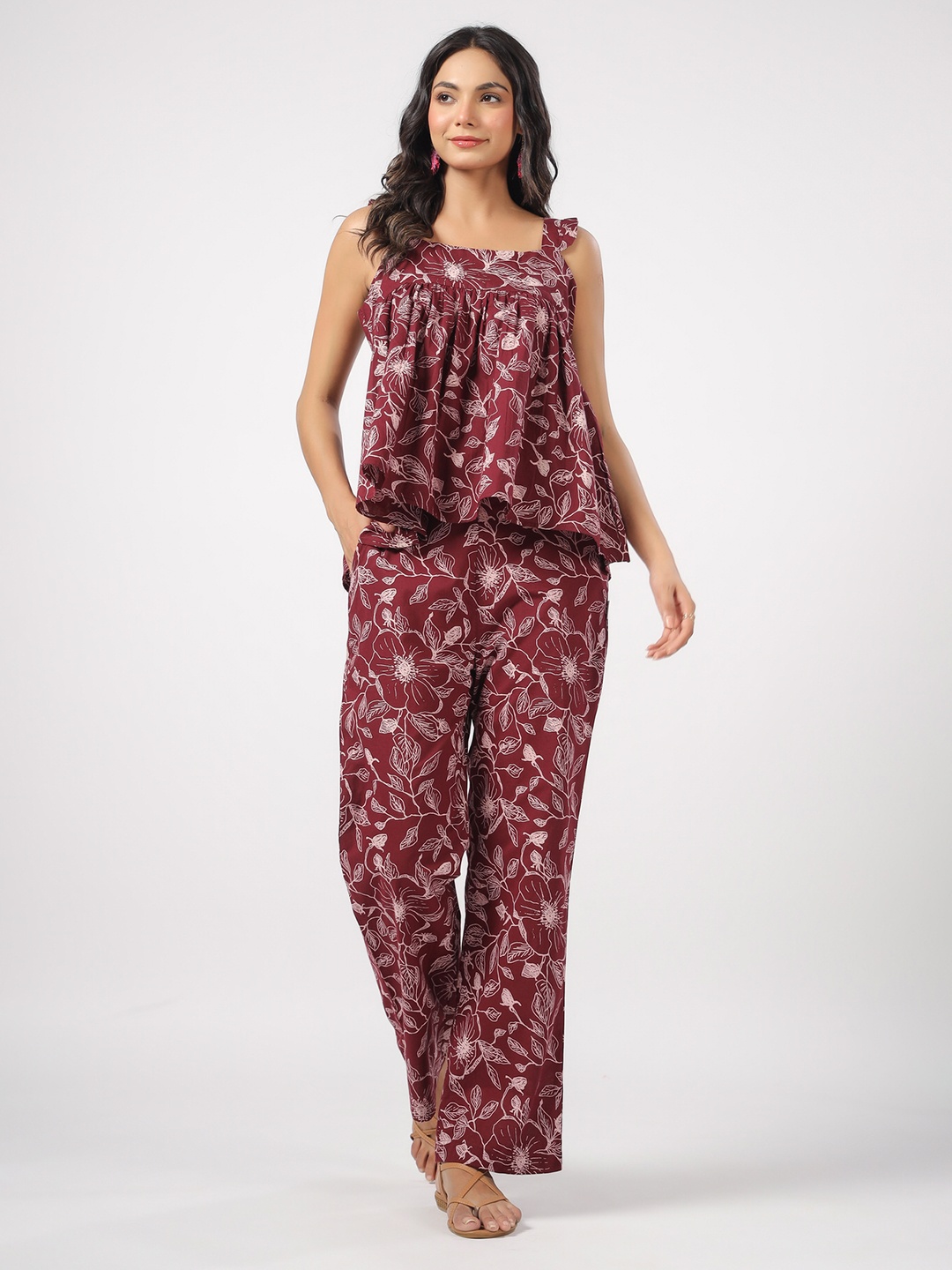 

JISORA Floral Printed Shoulder Straps Pure Cotton Top with Trousers, Magenta