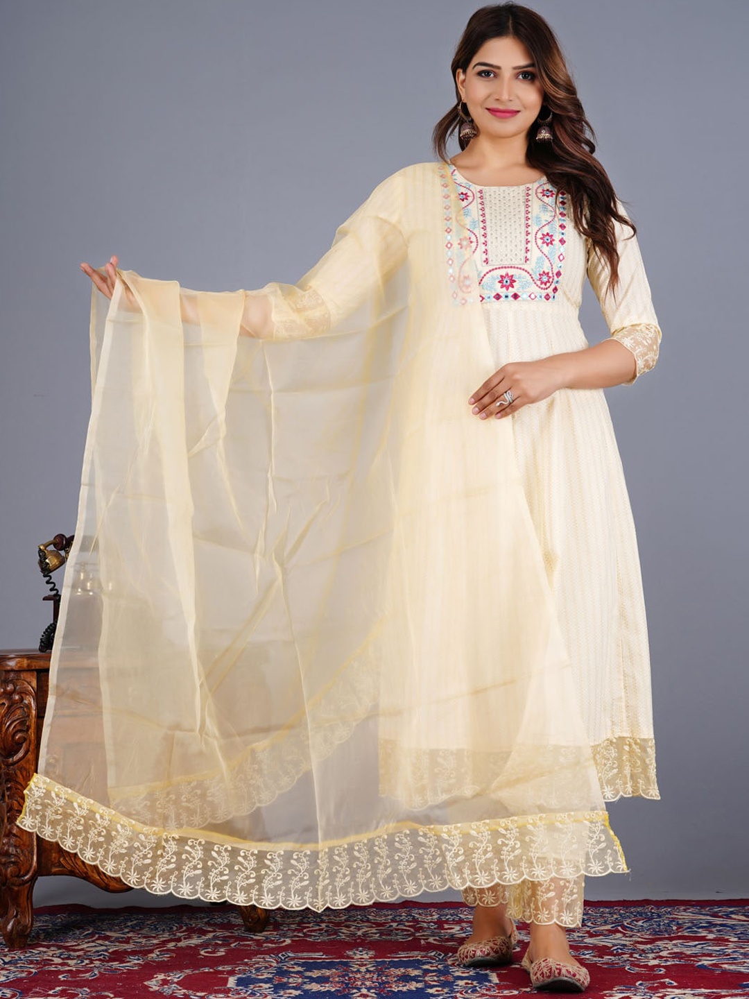 

Meena Bazaar Ethnic Motifs Printed Thread Work Anarkali Kurta & Trousers With Dupatta, Yellow