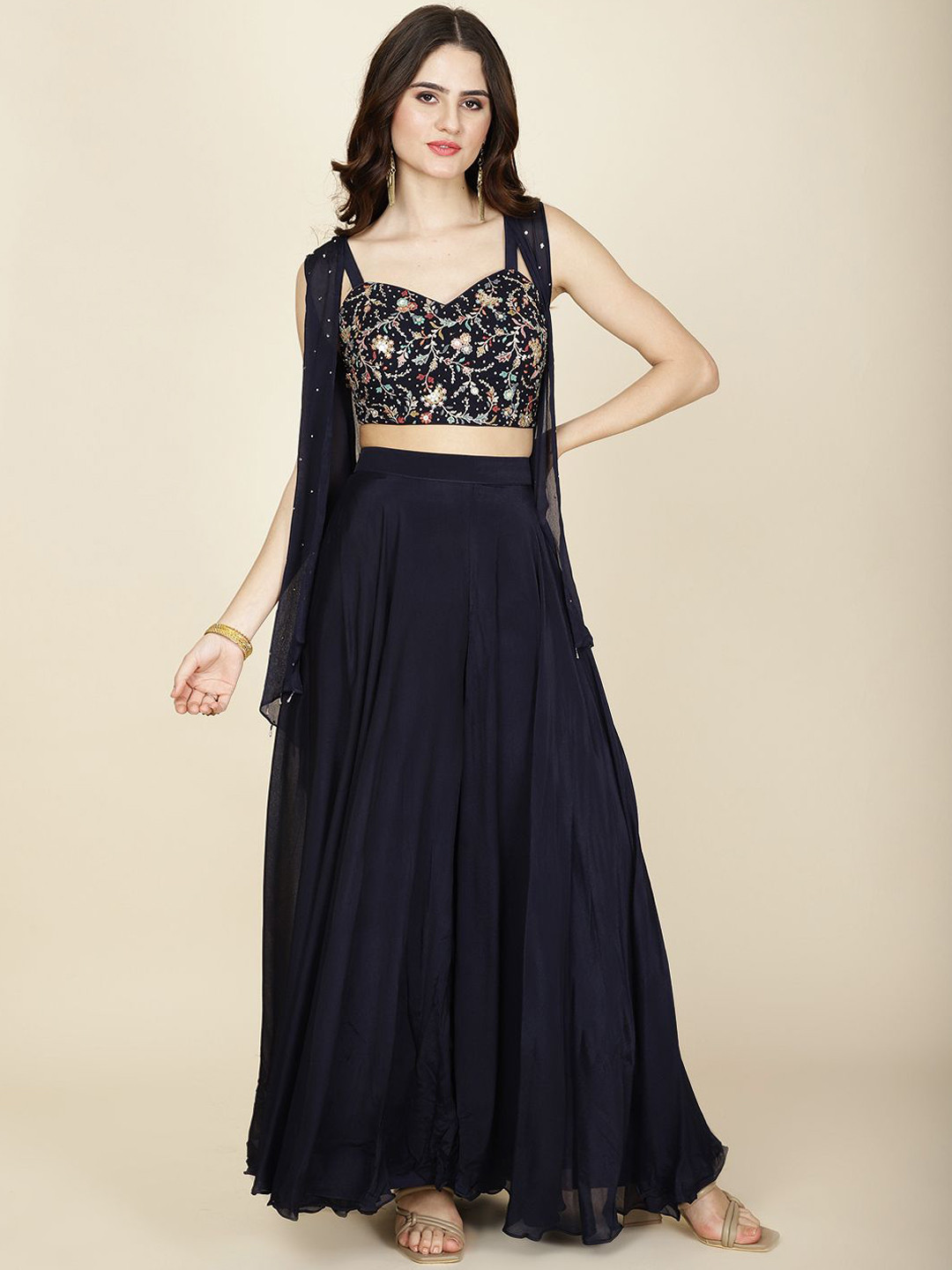 

Meena Bazaar Embroidered Regular Mirror Work Top with Sharara, Navy blue
