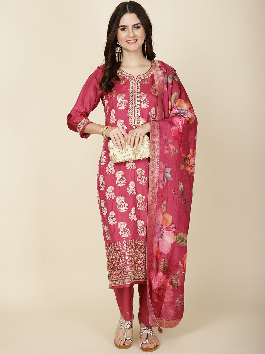 

Meena Bazaar Floral Printed Straoight Kurta & Trousers With Dupatta, Magenta