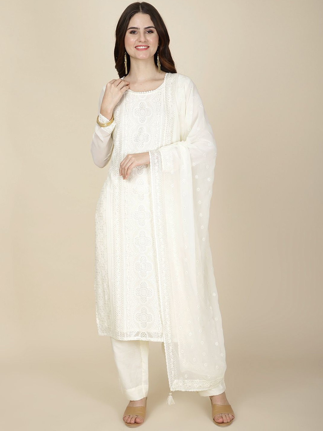 

Meena Bazaar Women Ethnic Motifs Embroidered Regular Thread Work Kurta with Trousers & With Dupatta, Cream