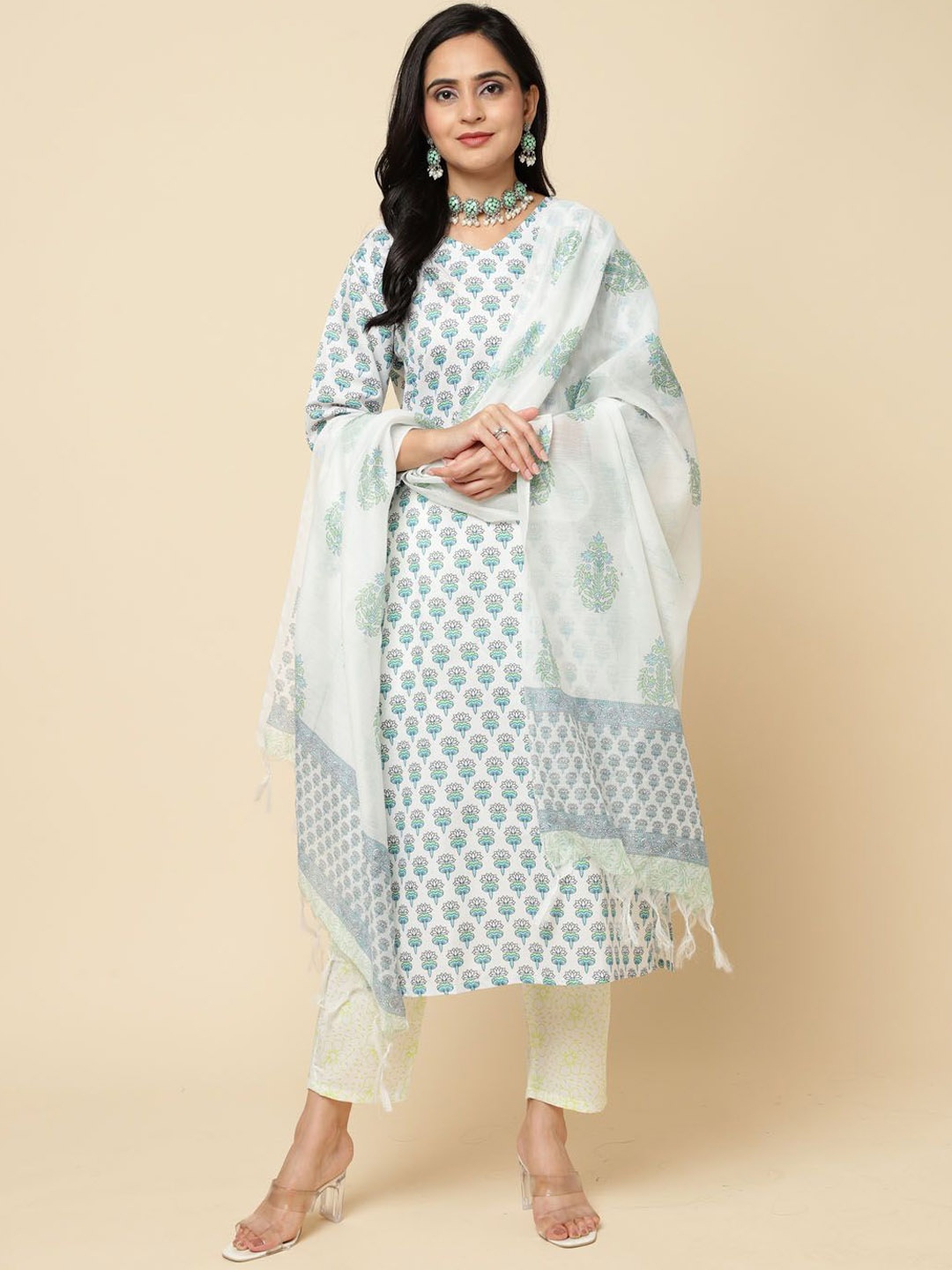 

Meena Bazaar Ethnic Motifs Printed Regular Kurta with Trousers & With Dupatta, Cream