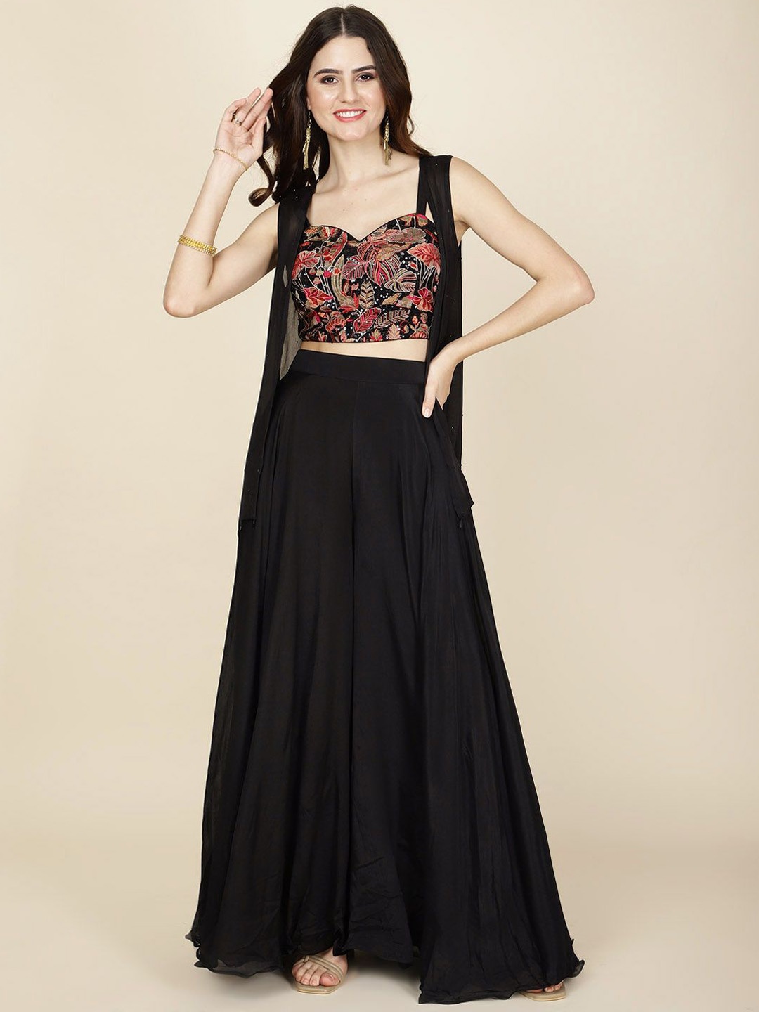 

Meena Bazaar Embellished Sleeveless Ethnic Top With Palazzo & Shrug, Black