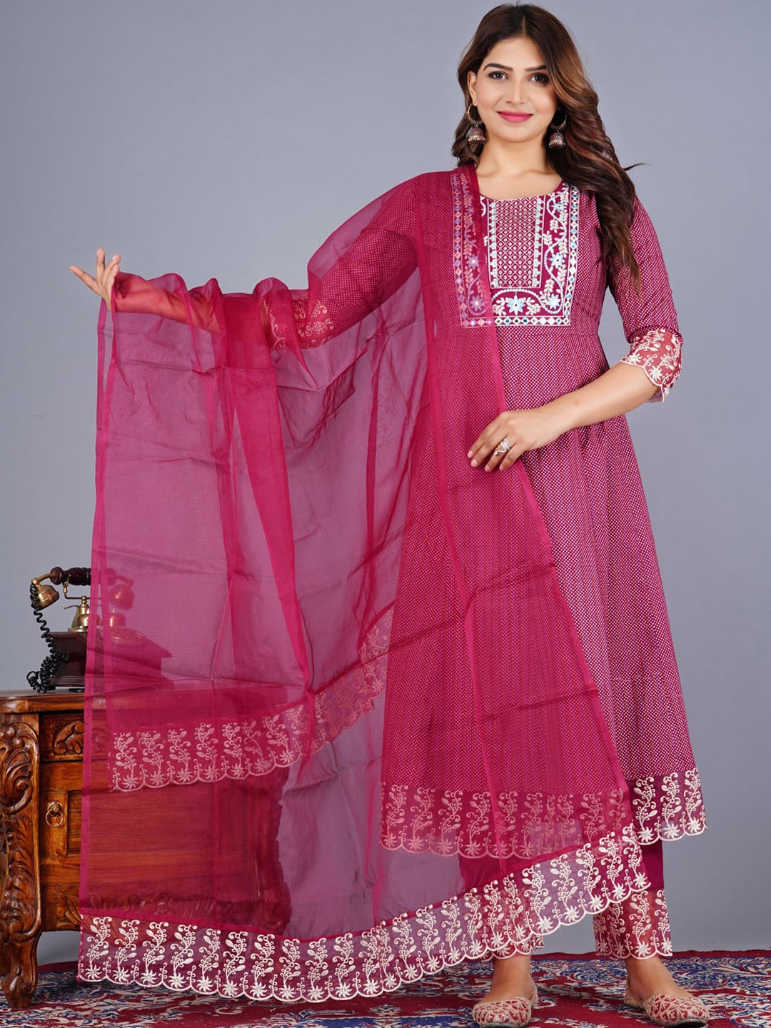 

Meena Bazaar Ethnic Motifs Printed Anarkali Kurta & Trousers With Dupatta, Magenta
