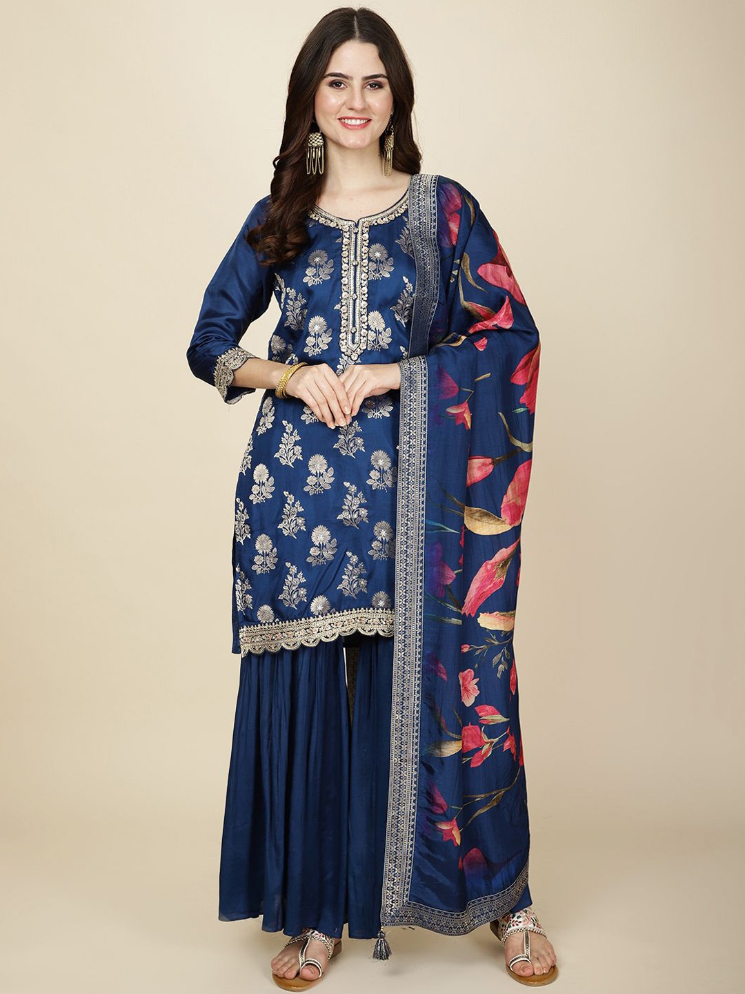 

Meena Bazaar Floral Regular Kurta with Sharara & Dupatta, Blue