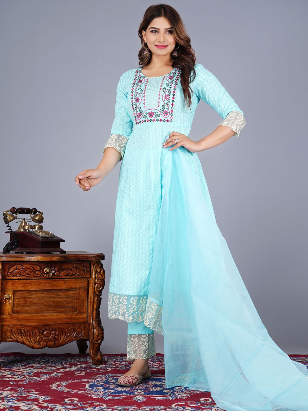 

Meena Bazaar Ethnic Motifs Embroidered Anarkali Kurta & Trousers With Dupatta, Blue