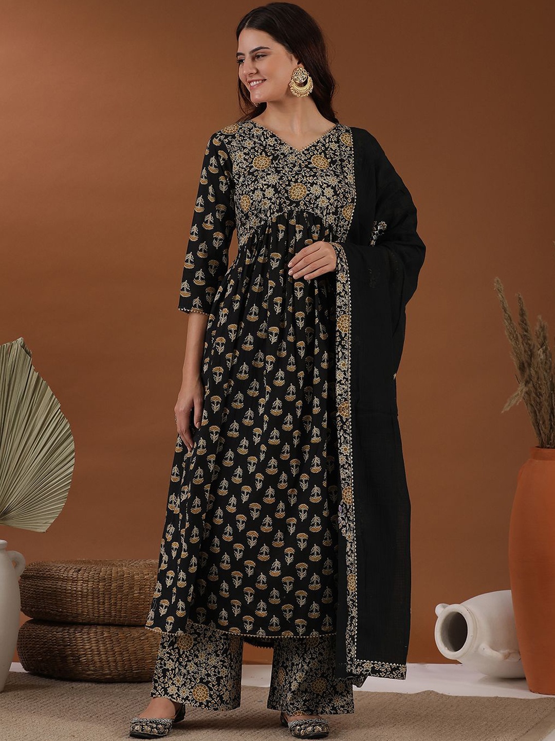 

Inddus Floral Printed Thread Work A-Line Kurta With Palazzos & Dupatta, Black