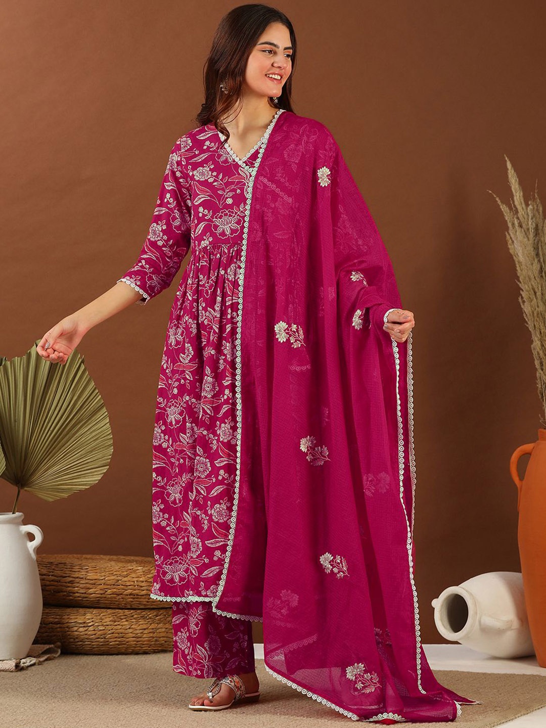 

Inddus V Neck Gotta Patti Floral Printed Angrakha Gotta Patti Kurta with Palazzo & Dupatta, Red