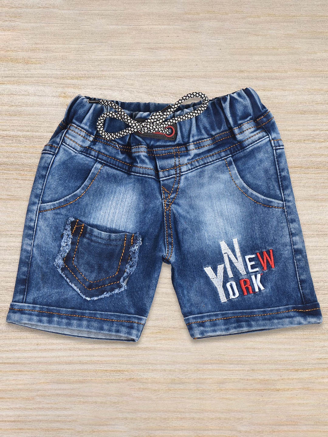 

BAESD Boys Embroidered Washed Mid-Rise Pure Cotton Frayed Denim Shorts, Blue