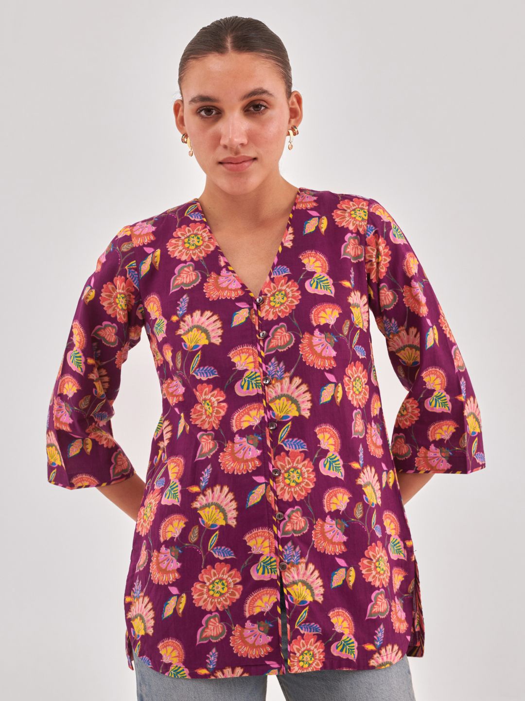 

QOMN Floral Print Flared Sleeve Cotton Longline Top, Purple