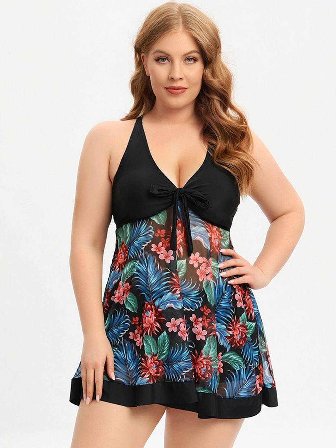 

Plus Curvves Tropical Printed V Neck Swim Dress, Black