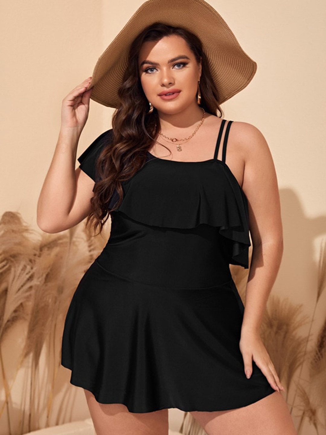

Plus Curvves One Shoulder Swim Dress, Black