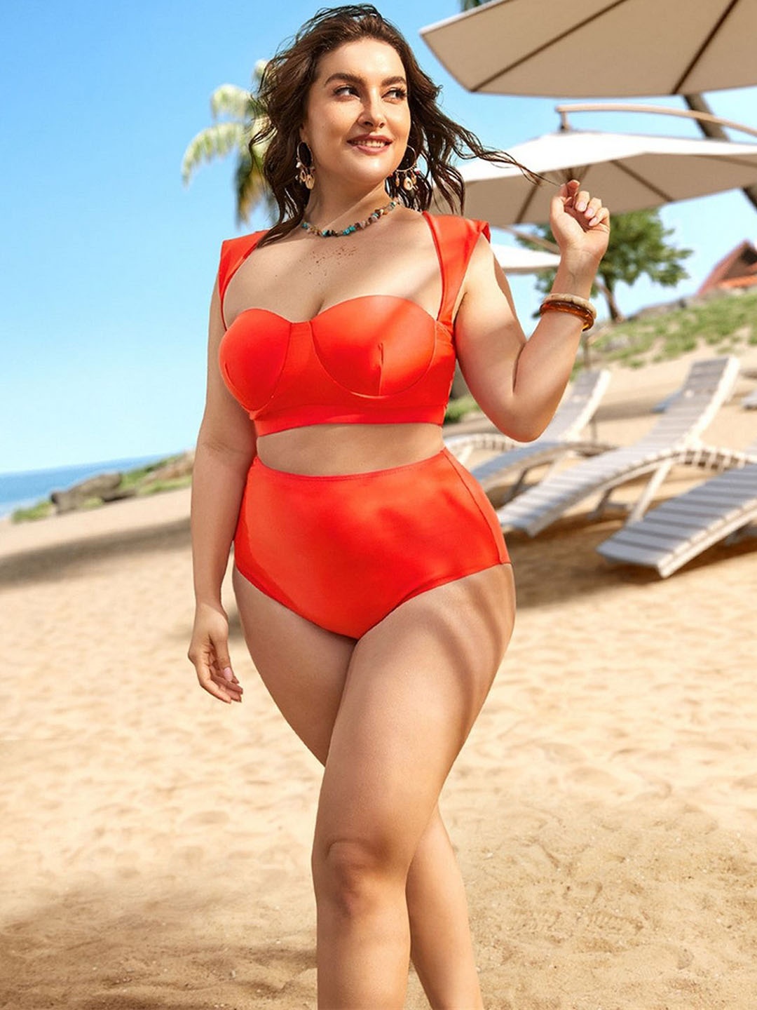 

Plus Curvves Square Neck Swimwear Cover Up Set, Orange