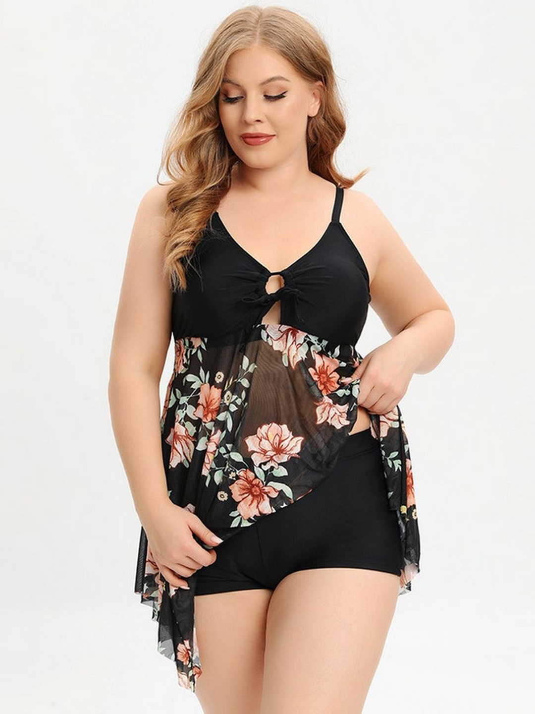 

Plus Curvves Floral Printed Shoulder Straps Plus Size Two Pieces Swim Set, Black