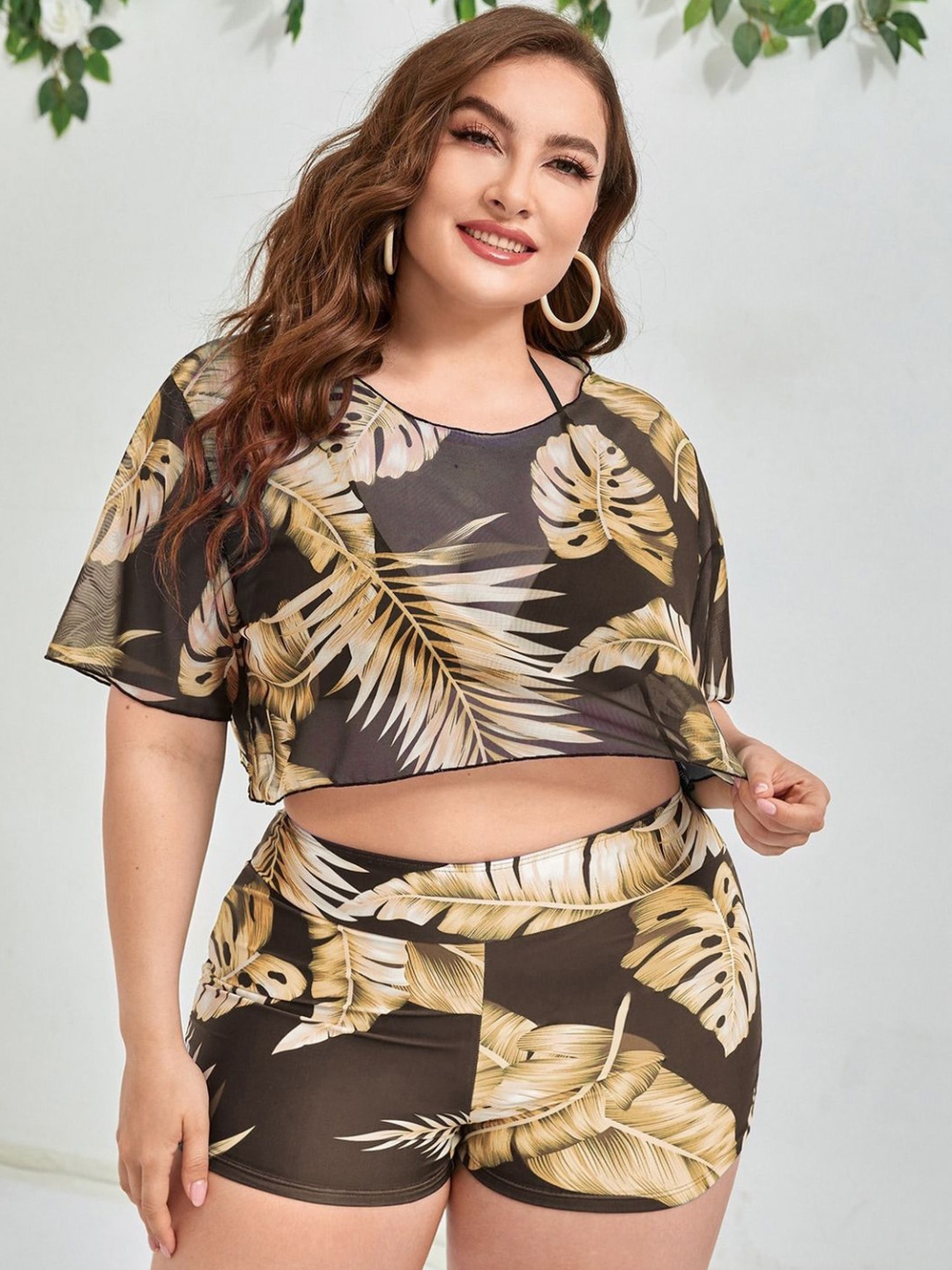 

Plus Curvves Plus Size Tropical Printed Halter Neck Sleeveless Bikini Bra With Top & Short, Brown