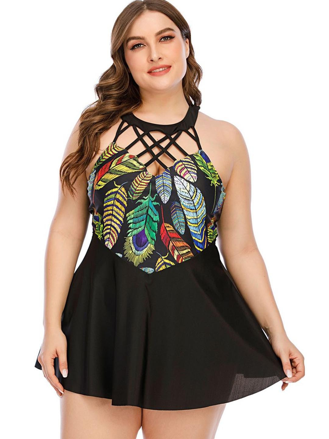 

Plus Curvves Floral Printed V-Neck Crossover Swim Dress, Black
