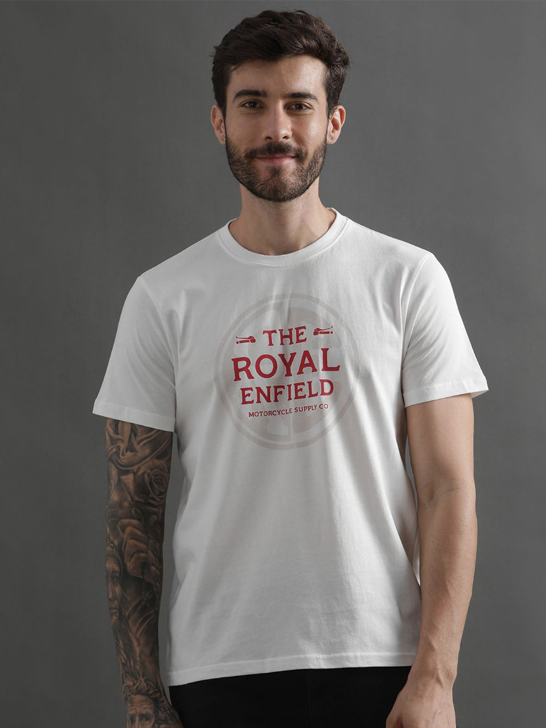 

Royal Enfield Typography Printed Round Neck Short Sleeves Regular Fit Cotton T-shirt, White
