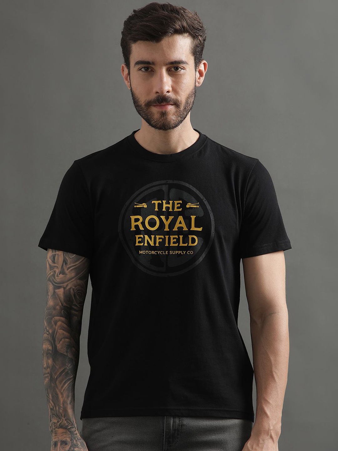 

Royal Enfield Men Embroidered Solid Brand Logo T-shirt, Black