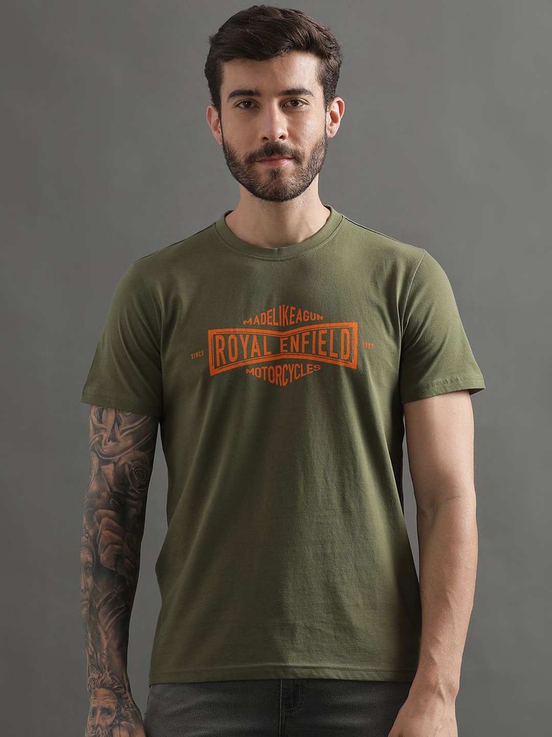 

Royal Enfield Men Typography Printed Brand Logo T-shirt, Green