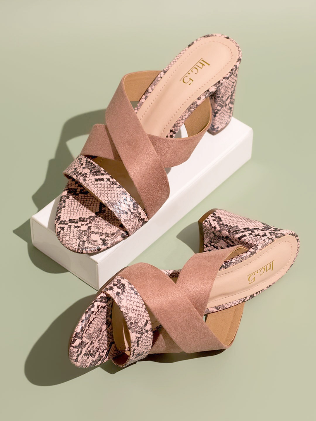 

Inc 5 Printed Open Toe Block Heels, Peach