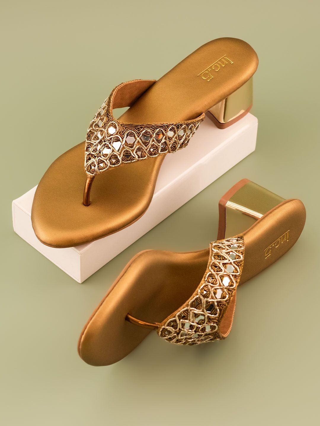 

Inc 5 Embellished Open Toe Block Heels, Gold