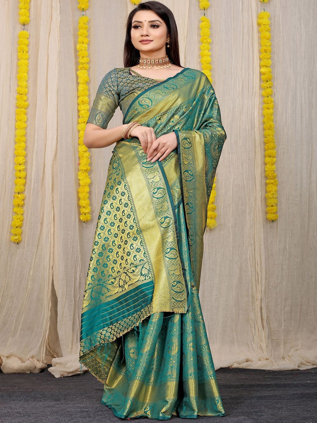 

SGF11 Ethnic Motifs Zari Art Silk Kanjeevaram Saree, Teal