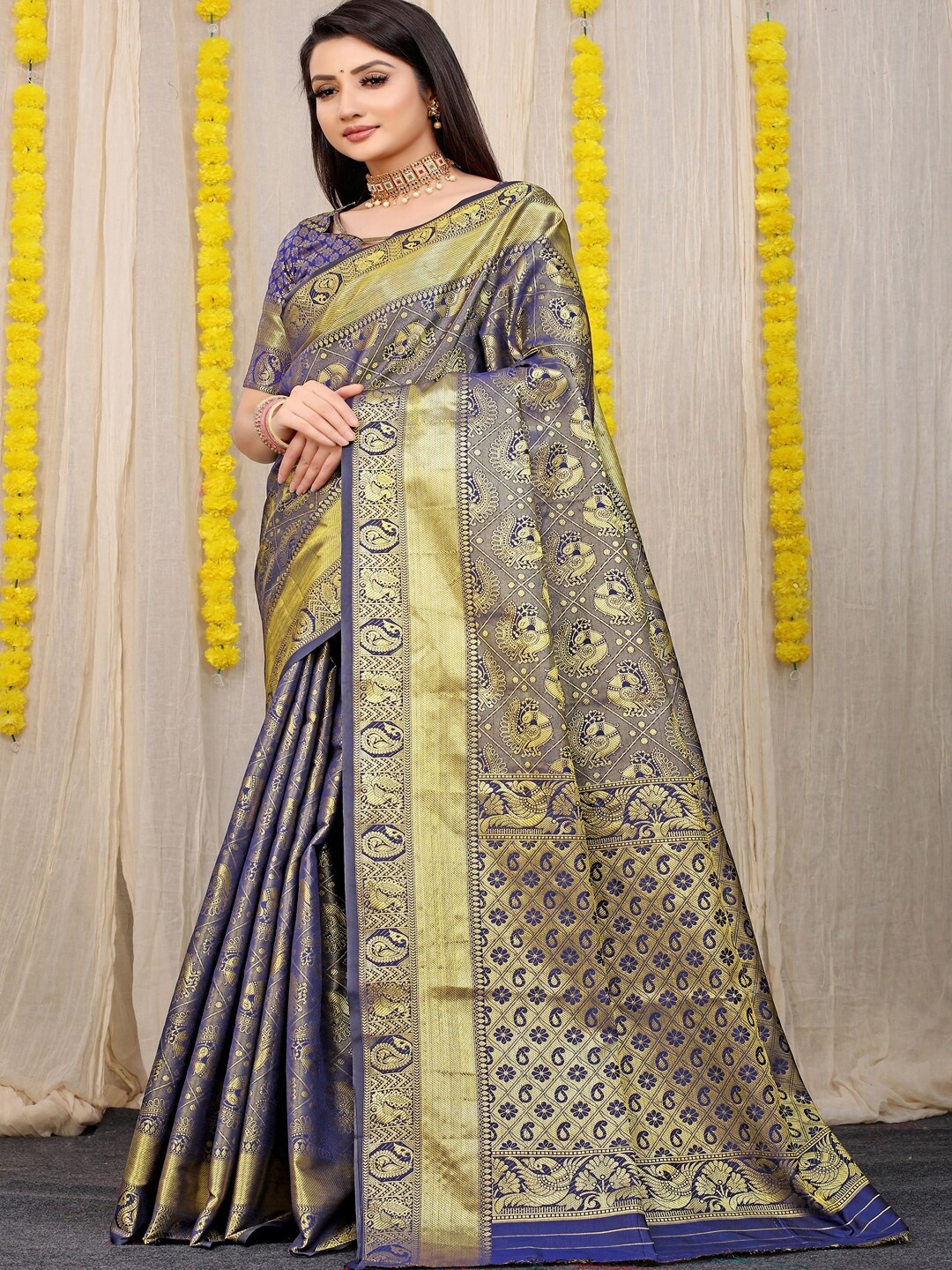 

SGF11 Ethnic Motifs Zari Kanjeevaram Saree, Blue