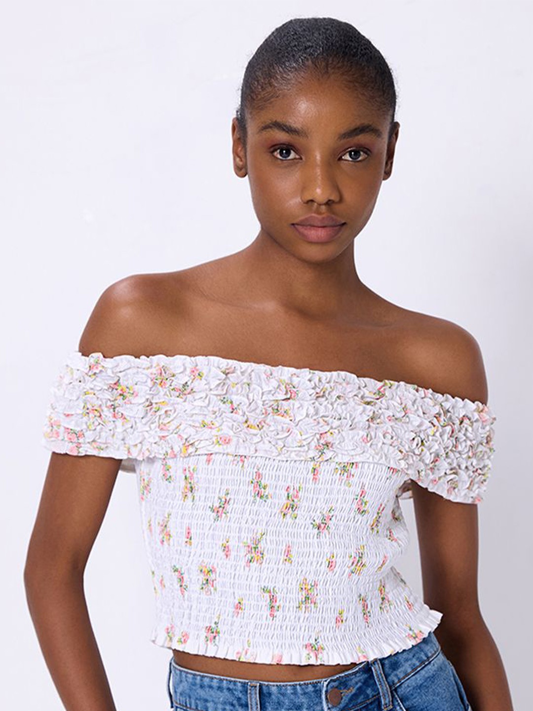 

COVER STORY Floral Print Off-Shoulder Cotton Bardot Top, White