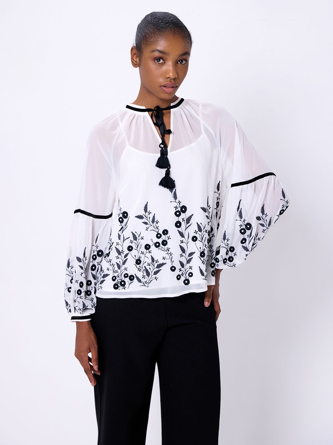 

COVER STORY White Floral Printed Tie-Up Neck Bishop Sleeves Georgette Top