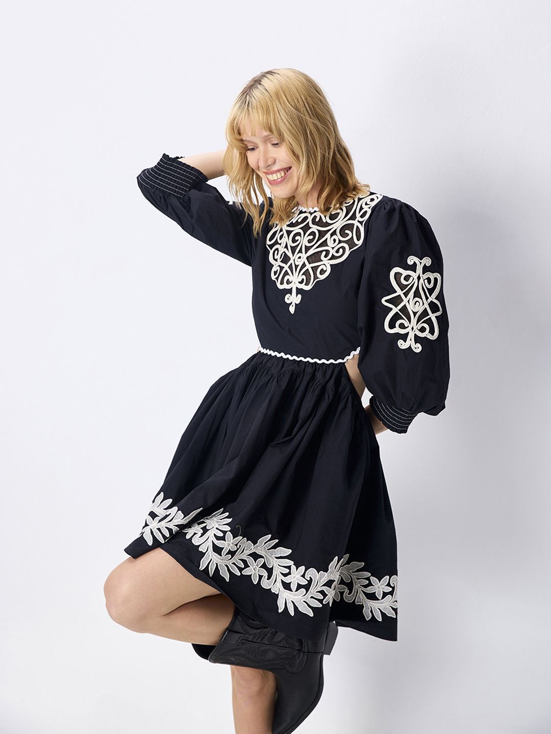 

COVER STORY Women Floral Printed Bishop Sleeves Cut-Outs Cotton Fit & Flare Mini Dress, Black