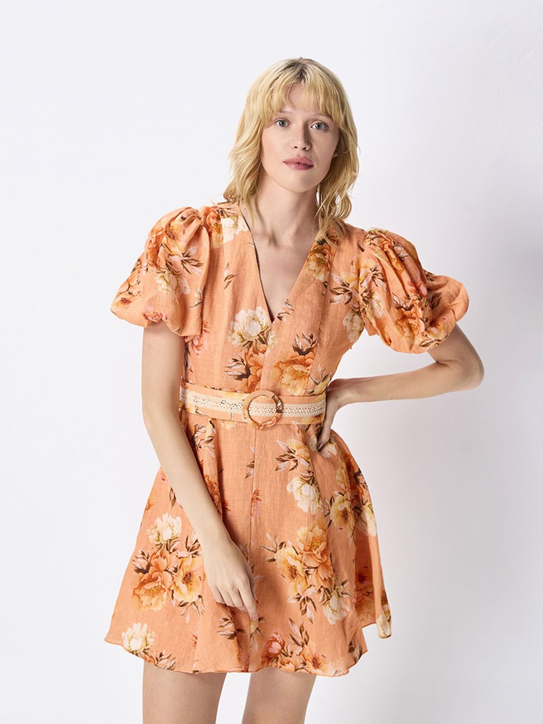 

COVER STORY Women Floral Printed V-Neck Puff Sleeve Mini Dress, Orange