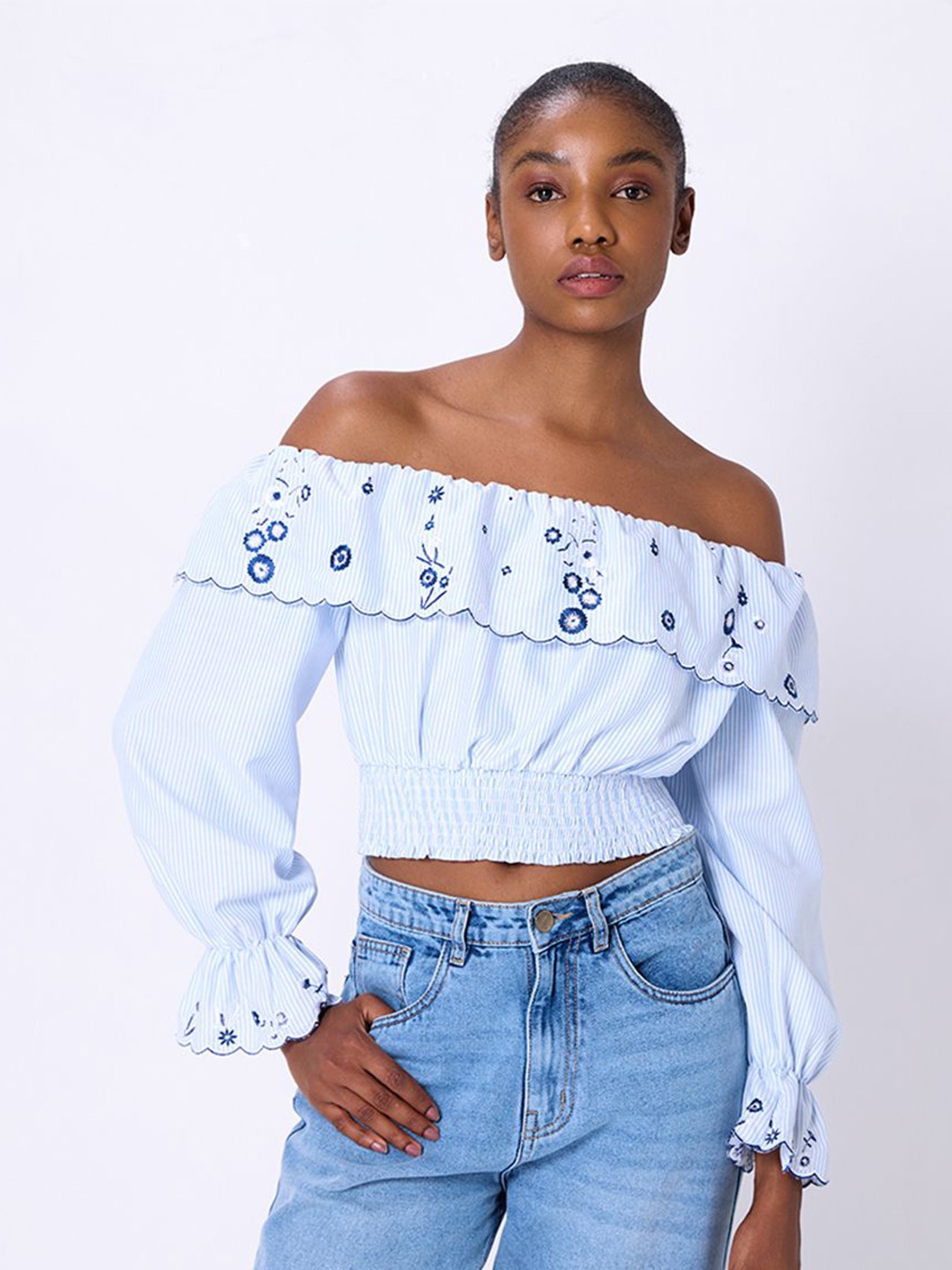 

COVER STORY Off-Shoulder Bell Sleeve Cotton Bardot Crop Top, Blue
