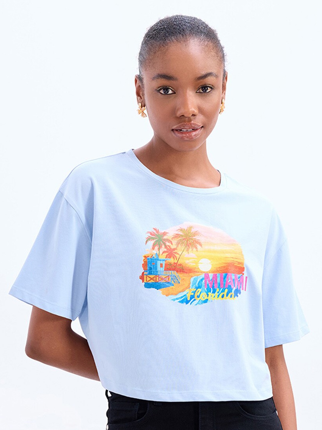 

COVER STORY Women Printed Round Neck Cotton T-shirt, Blue