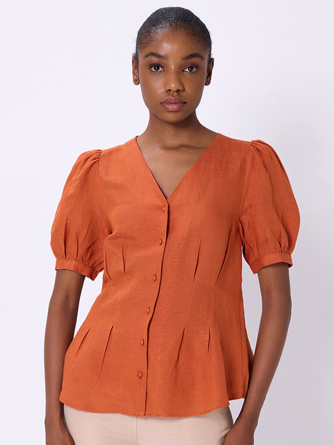 

COVER STORY Rust V Neck Puff Sleeve Linen Top