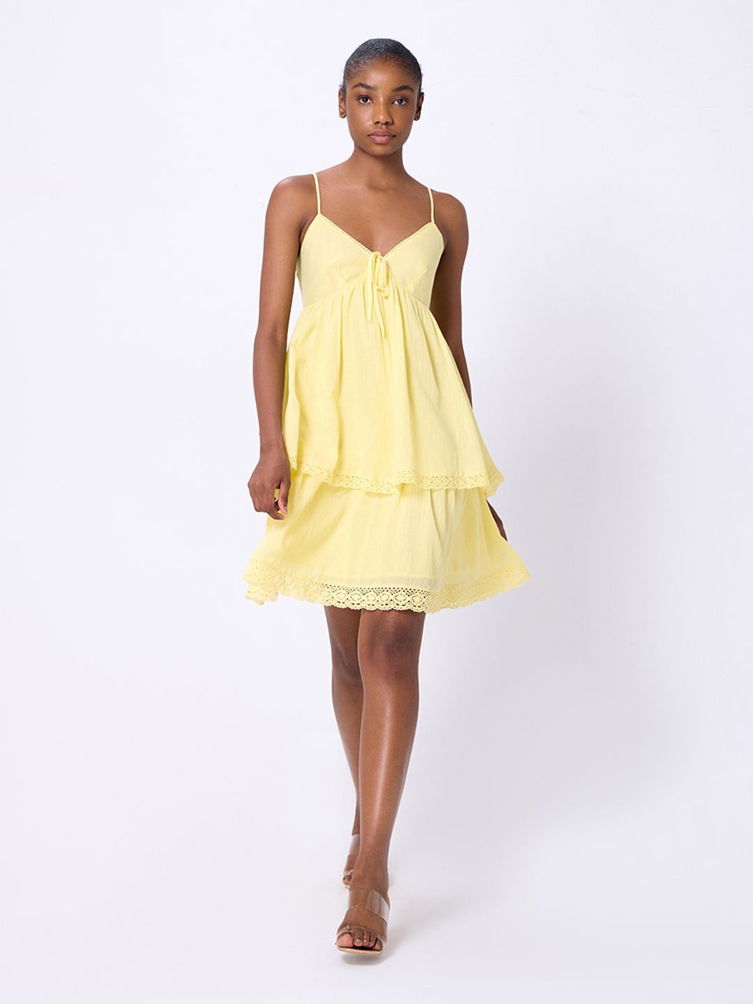 

COVER STORY Shoulder Straps Pure Cotton Tiered Fit & Flare Dress, Yellow