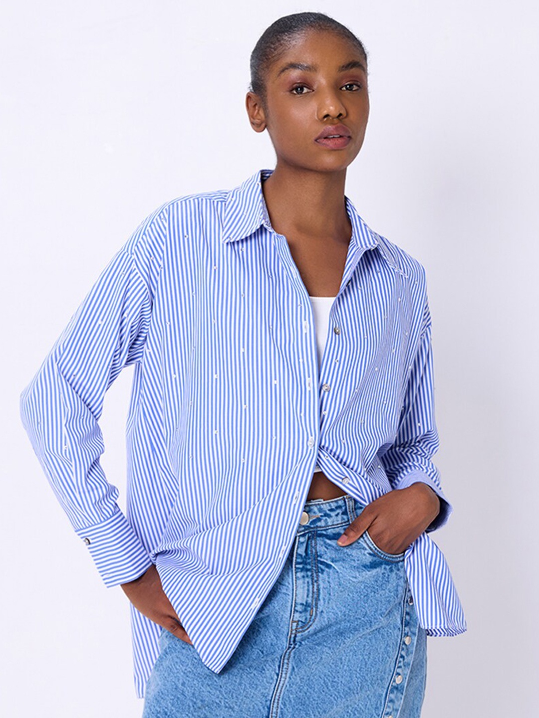 

COVER STORY Comfort Spread Collar Striped Regular Fit Cotton Casual Shirt, Blue