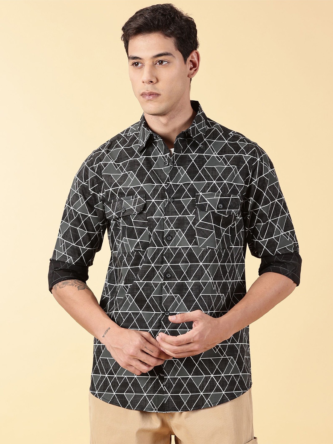 

VALEN CLUB Slim Fit Geometric Printed Cotton Casual Shirt, Black