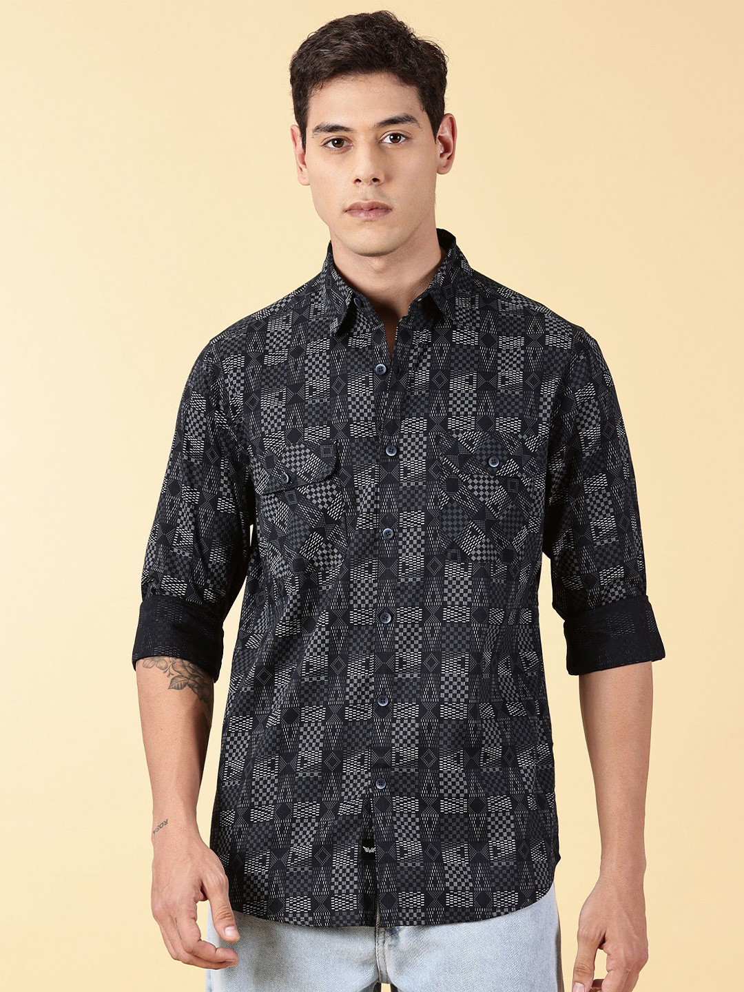 

VALEN CLUB Slim Fit Geometric Printed Cotton Casual Shirt, Black