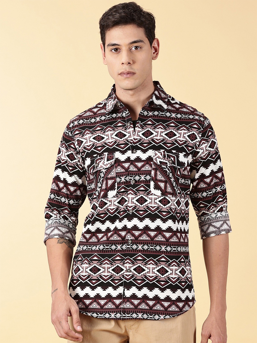 

VALEN CLUB Slim Fit Abstract Printed Cotton Casual Shirt, Maroon