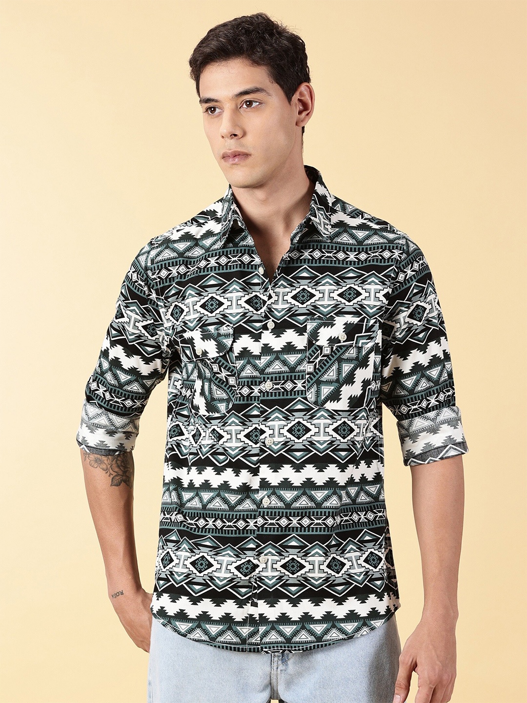 

VALEN CLUB India Slim Geometric Printed Slim Fit Pure Cotton Casual Shirt, Green
